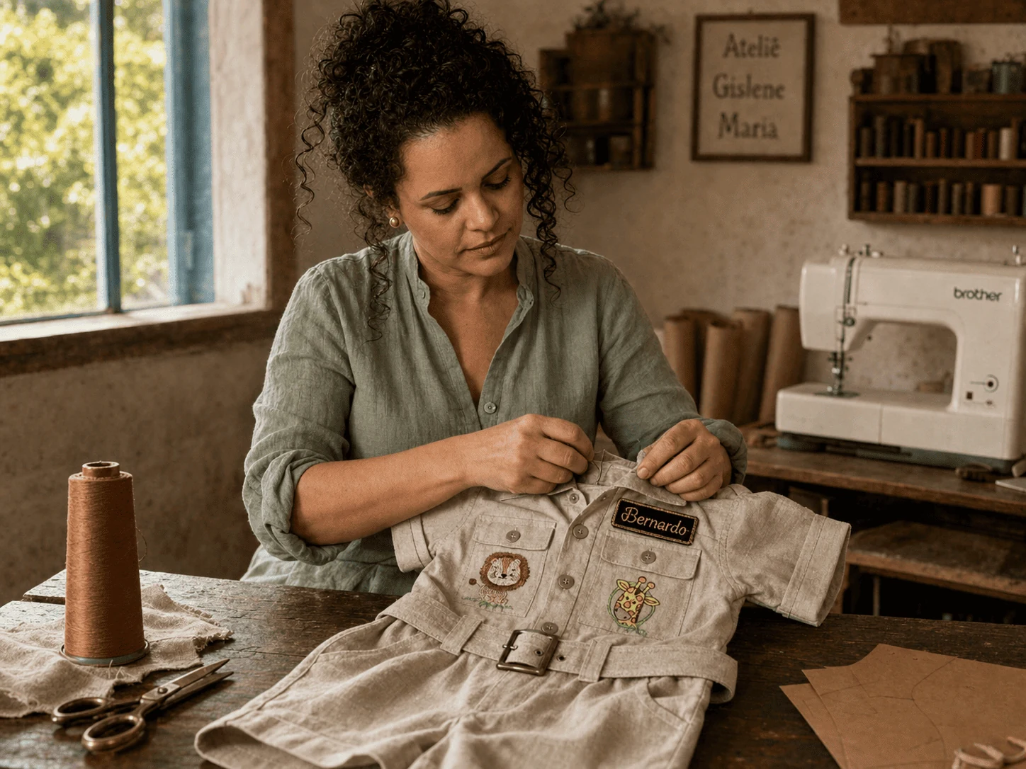 Gislene Maria na bancada do ateliê · costurando macacão Safari · 25 anos de ofício