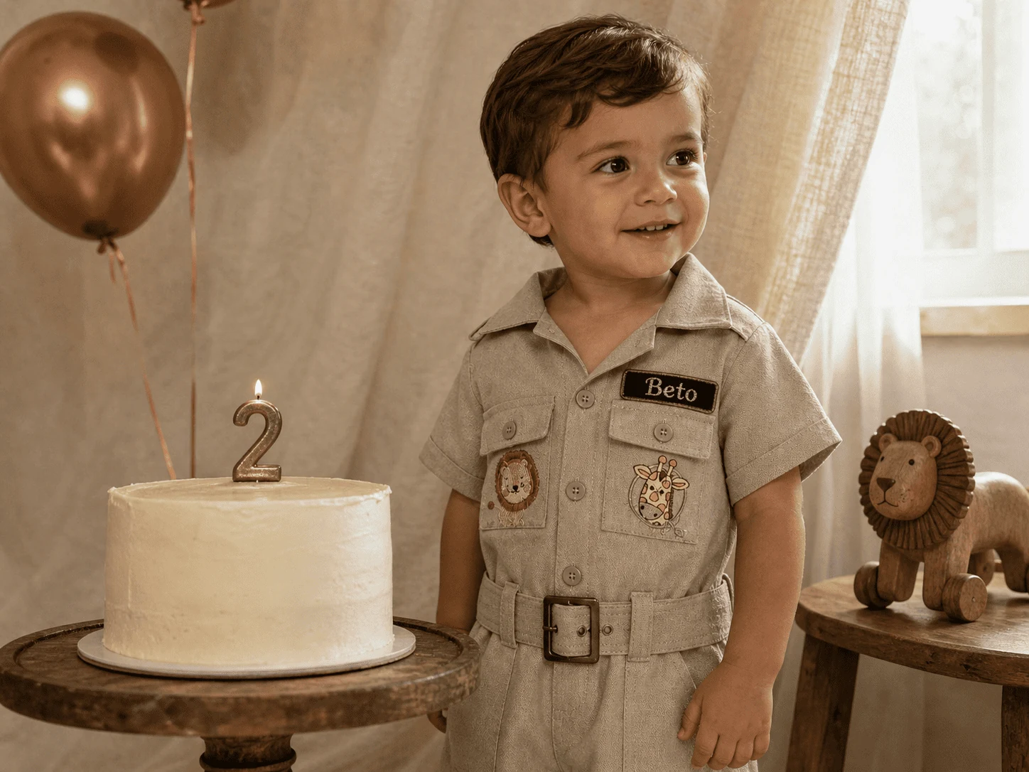 Aniversário temático · 2 anos · Macacão Safari · bolo cerimonial · leão de pelúcia · ensaio editorial Costuragi