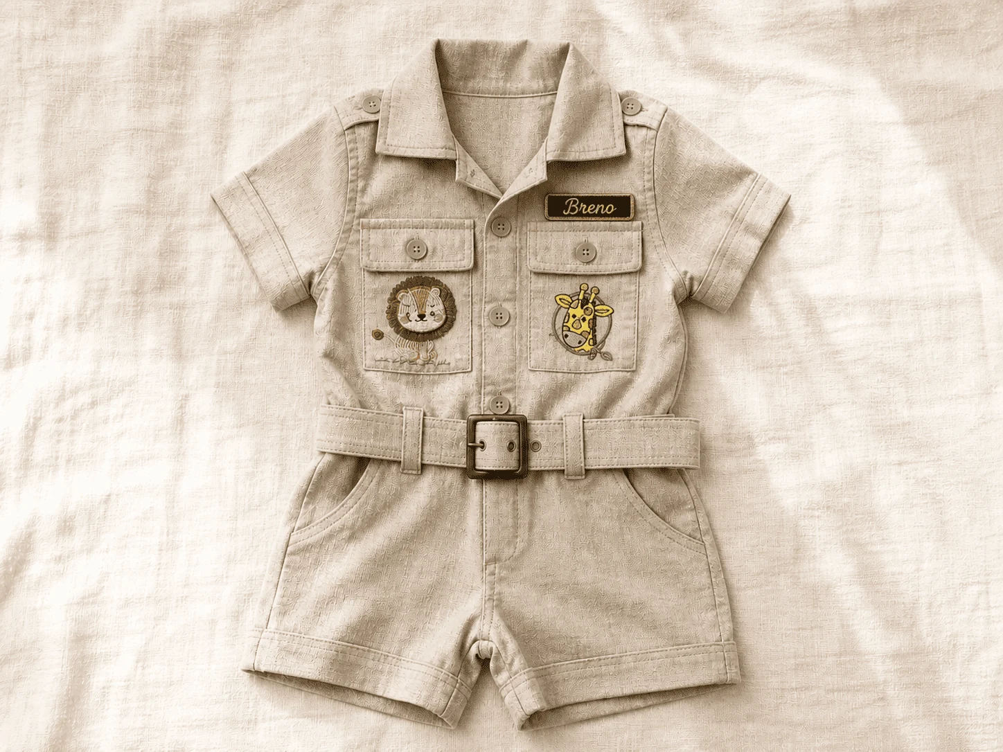 Macacão Safari Cor 1 Linho cru · linho natural off-white · bordado cobre · setting cream linen com botões antigos · flat-lay editorial Pinterest