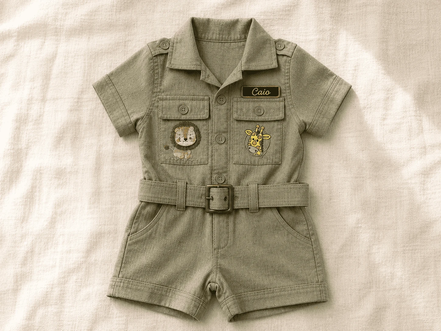Macacão Safari Cor 2 Verde-oliva safari · linho oliva escuro · bordado cobre antigo · setting com folhagem dried e bota de couro · flat-lay editorial vintage