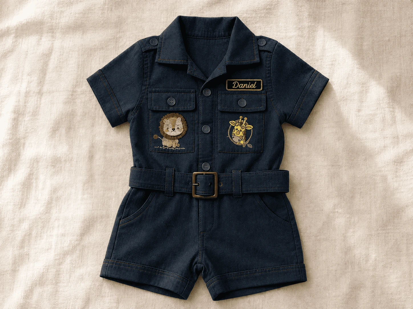 Macacão Safari Cor 4 Navy expedição · linho navy profundo · bordado branco off-white · setting com bússola e mapa antigo · flat-lay editorial cinemático