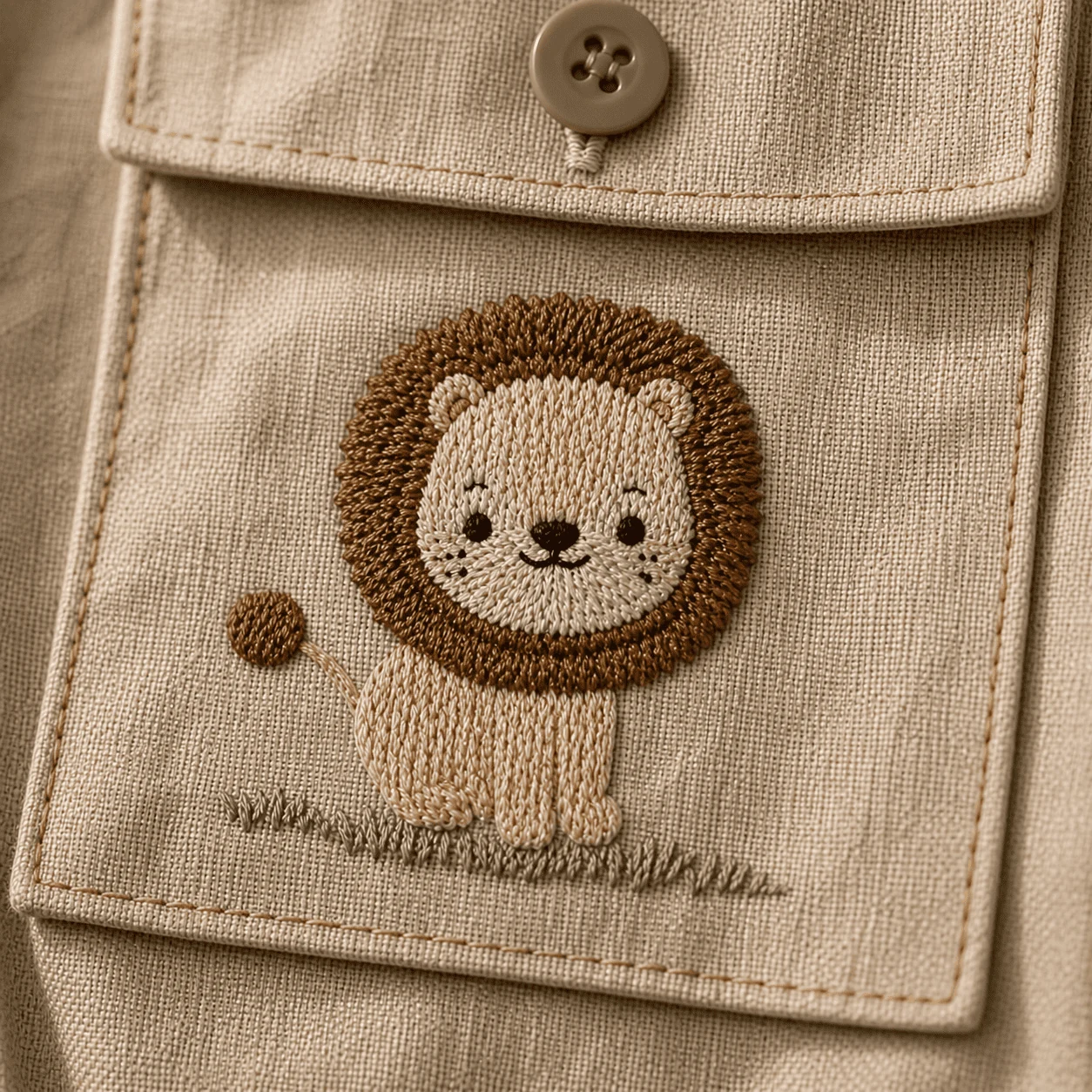 Bolso com tampinha e botão antigo · bordado temático interno · Macacão Safari Costuragi