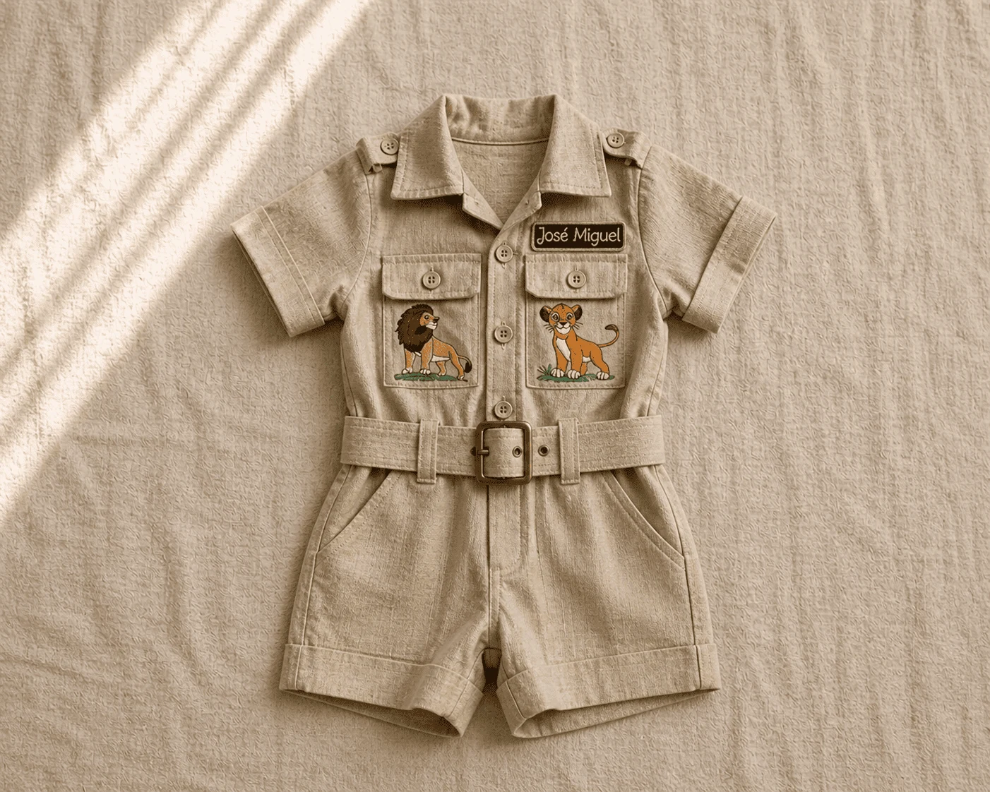 Macacão Safari Tema Rei Leão · ensaio infantil cerimonial · paleta cáqui dourada · bordado temático personalizado · flat-lay editorial Pinterest