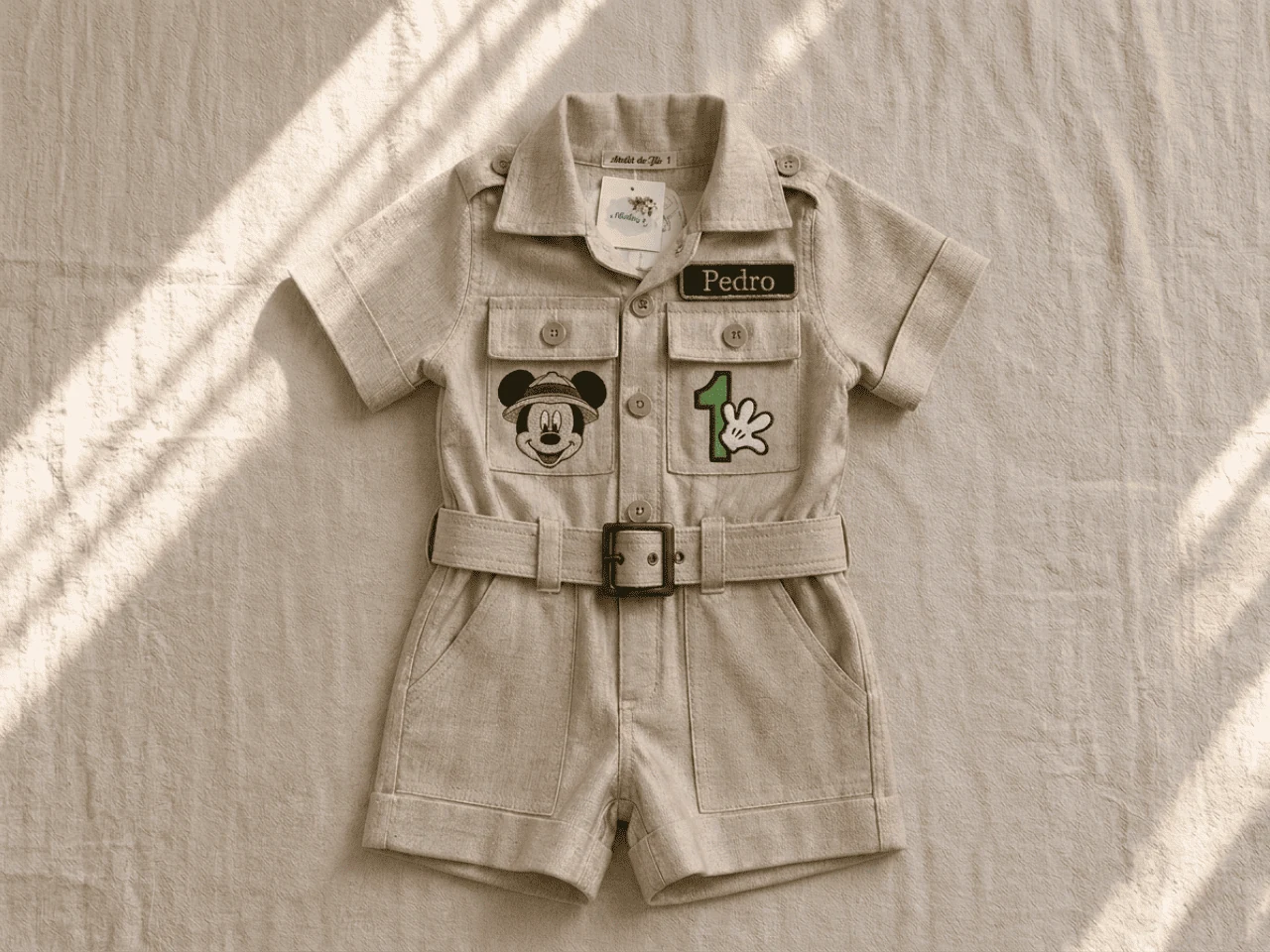 Macacão Safari Tema Mickey · ensaio infantil festa clássica · paleta vermelho preto · bordado temático personalizado · flat-lay editorial