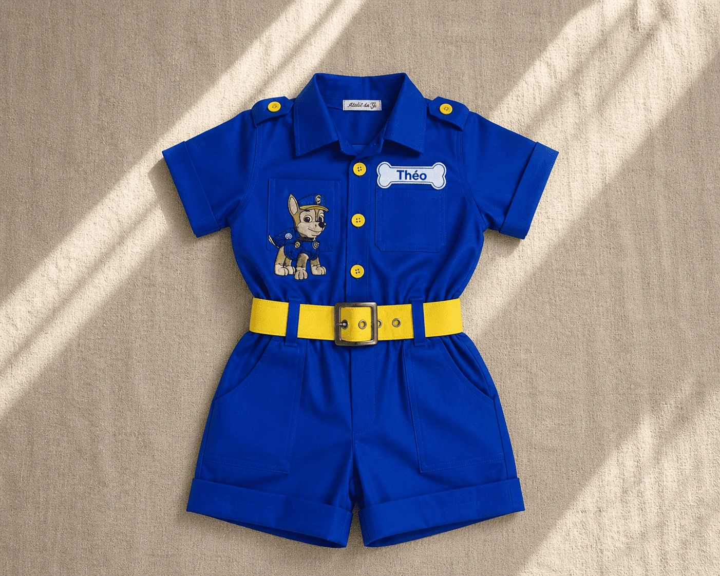 Macacão Safari Tema Patrulha Canina · ensaio infantil aventura · paleta azul vermelho · bordado temático personalizado · flat-lay editorial
