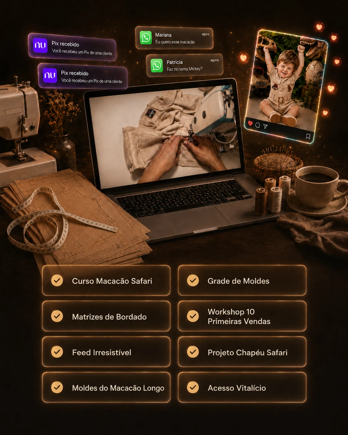 Tudo que vem no Projeto Macacão Safari: curso, grade de moldes, matrizes, workshop, feed, chapéu, macacão longo e acesso vitalício