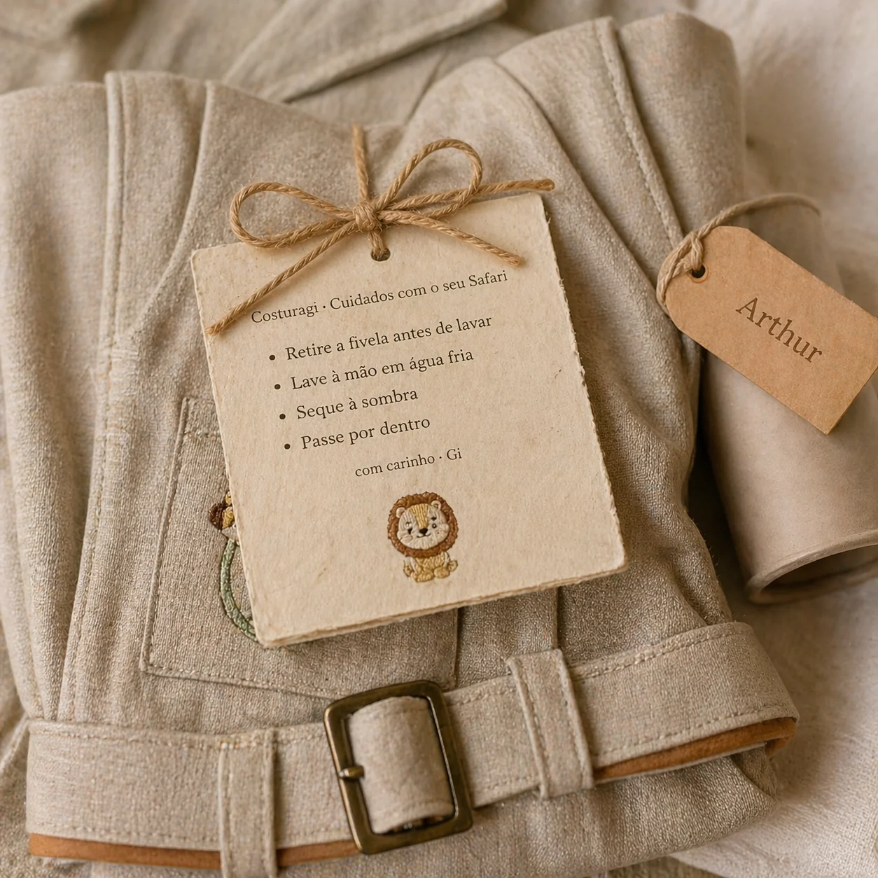 Cartão de cuidados em papel artesanal texturizado amarrado com fio de juta sobre o Macacão Safari dobrado · instruções manuscritas: 'Retire a fivela antes de lavar · Lave à mão em água fria · Seque à sombra · Passe por dentro' · assinado 'com carinho · Gi' · ilustração de leãozinho + tag kraft com nome 'Arthur' + cinto do macacão com fivela metálica visível