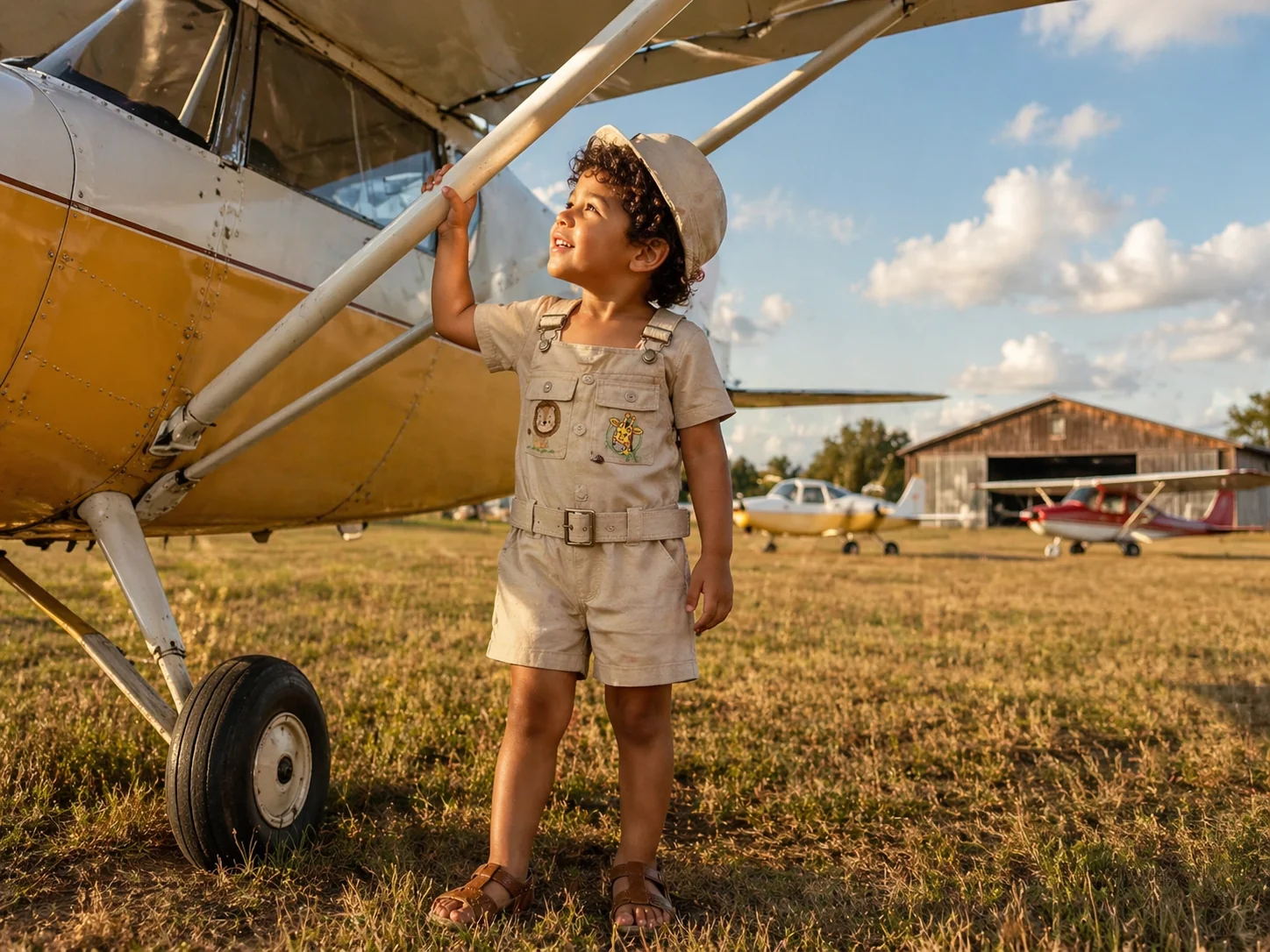 Menino de aproximadamente 3 anos vestindo o Macacão Safari em linho bege com chapéu boonie combinando, em pé numa pista de grama ao lado de um avião Piper vintage amarelo e branco · hangar de madeira ao fundo · luz dourada de fim de tarde · ambientação aventura/exploração