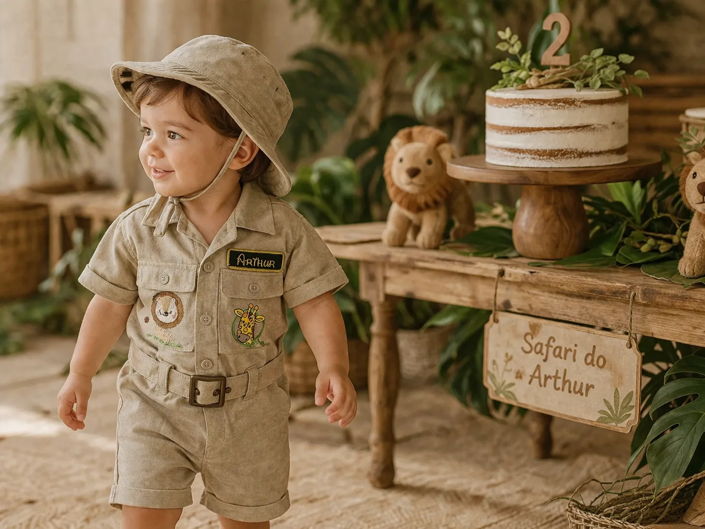 Aniversário temático · 2 anos · Macacão Safari Costuragi · bolo e leão de pelúcia