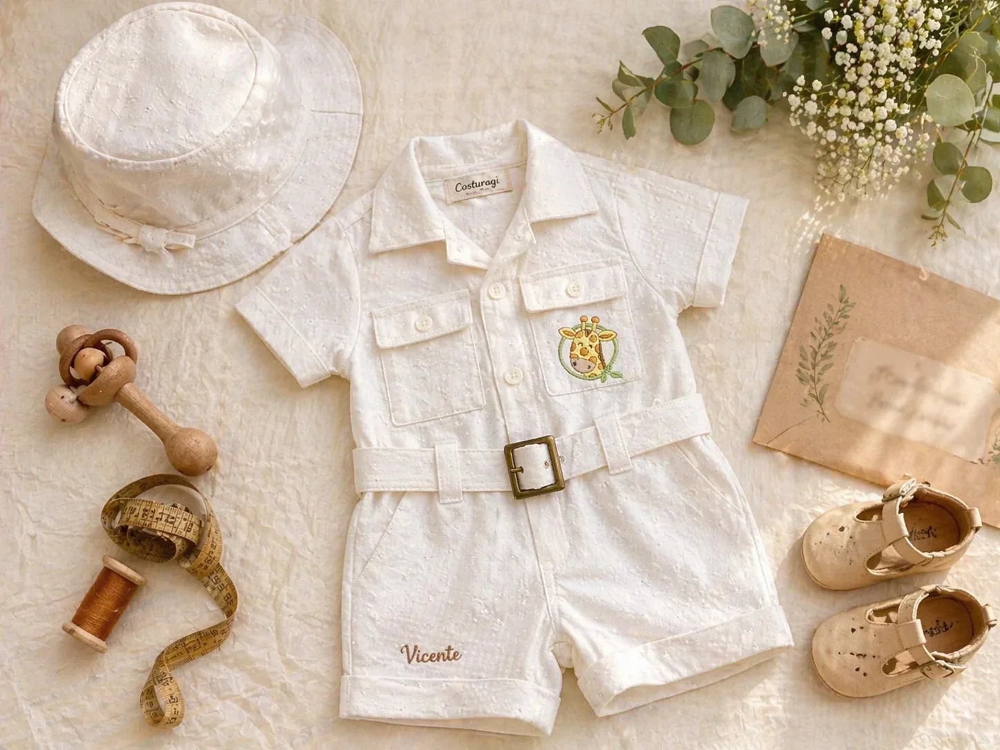Flat-lay de chá de bebê · Macacão Safari em bordadinho branco com nome 'Vicente' bordado em caramelo, chapéu boonie, sapatinhos de couro claro, buquê pequeno de eucalipto e mosquitinho, maisinha de madeira e carrinho de linha · composição delicada de enxoval
