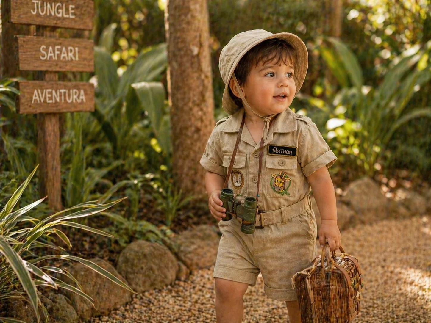 Ensaio temático outdoor · binóculo + maleta · Macacão Safari Costuragi