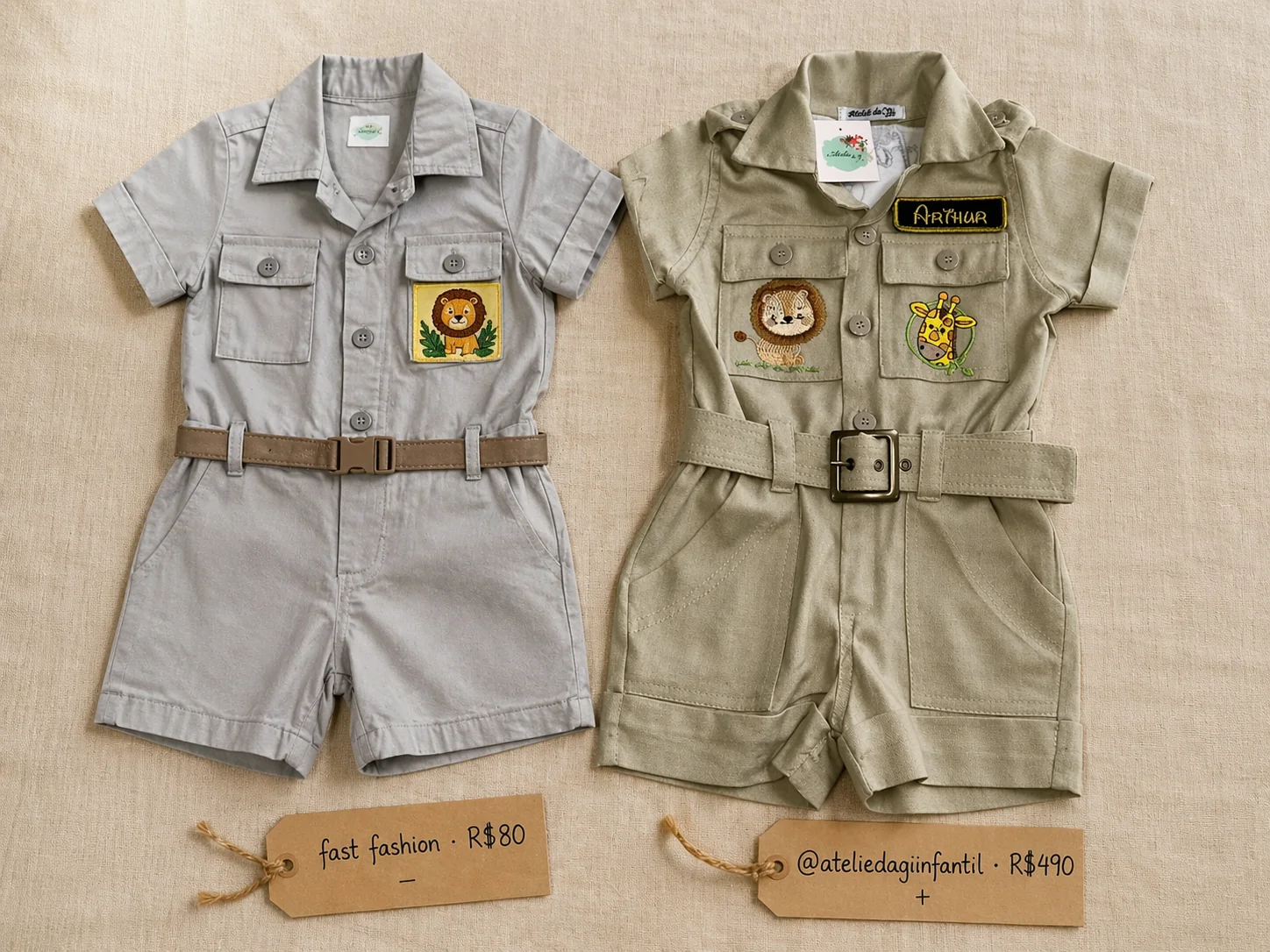 Comparativo flat-lay: à esquerda macacão safari genérico de fast fashion em cinza com patch estampado de leão (tag kraft 'fast fashion · R$80') · à direita Macacão Safari do ateliê da Gi em linho bege com bordados feitos à mão de leão e girafa, cinto com fivela metálica bronze, etiqueta 'Arthur' bordada (tag kraft '@ateliedaginfantil · R$490')