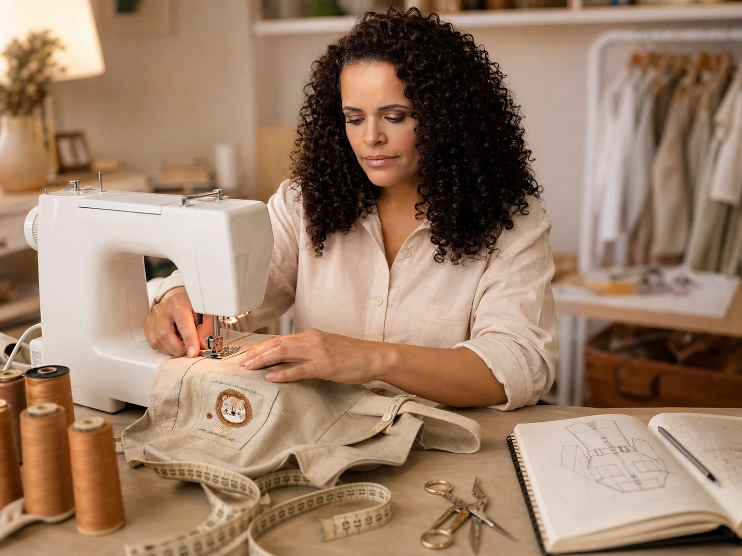 Gislene Maria costurando um Macacão Safari em linho bege na máquina doméstica Brother do ateliê · bancada com linhas de copper alinhadas, tesoura cegonha, fita métrica enrolada, caderno aberto com desenho de molde · foco no bordado de leão já aplicado na peça · luz natural lateral · autoridade visual do ateliê funcionando