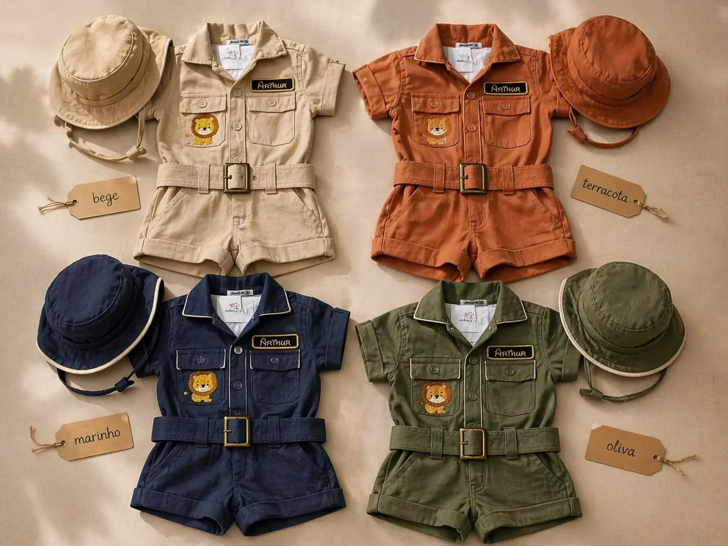 Grid 2×2 do Macacão Safari em 4 cores com chapéu boonie e tag kraft identificando cada cor: bege (clássica), terracota (vibrante), marinho (clássica masculina), oliva (militar) · mesma peça, 4 paletas que atendem perfis diferentes de cliente