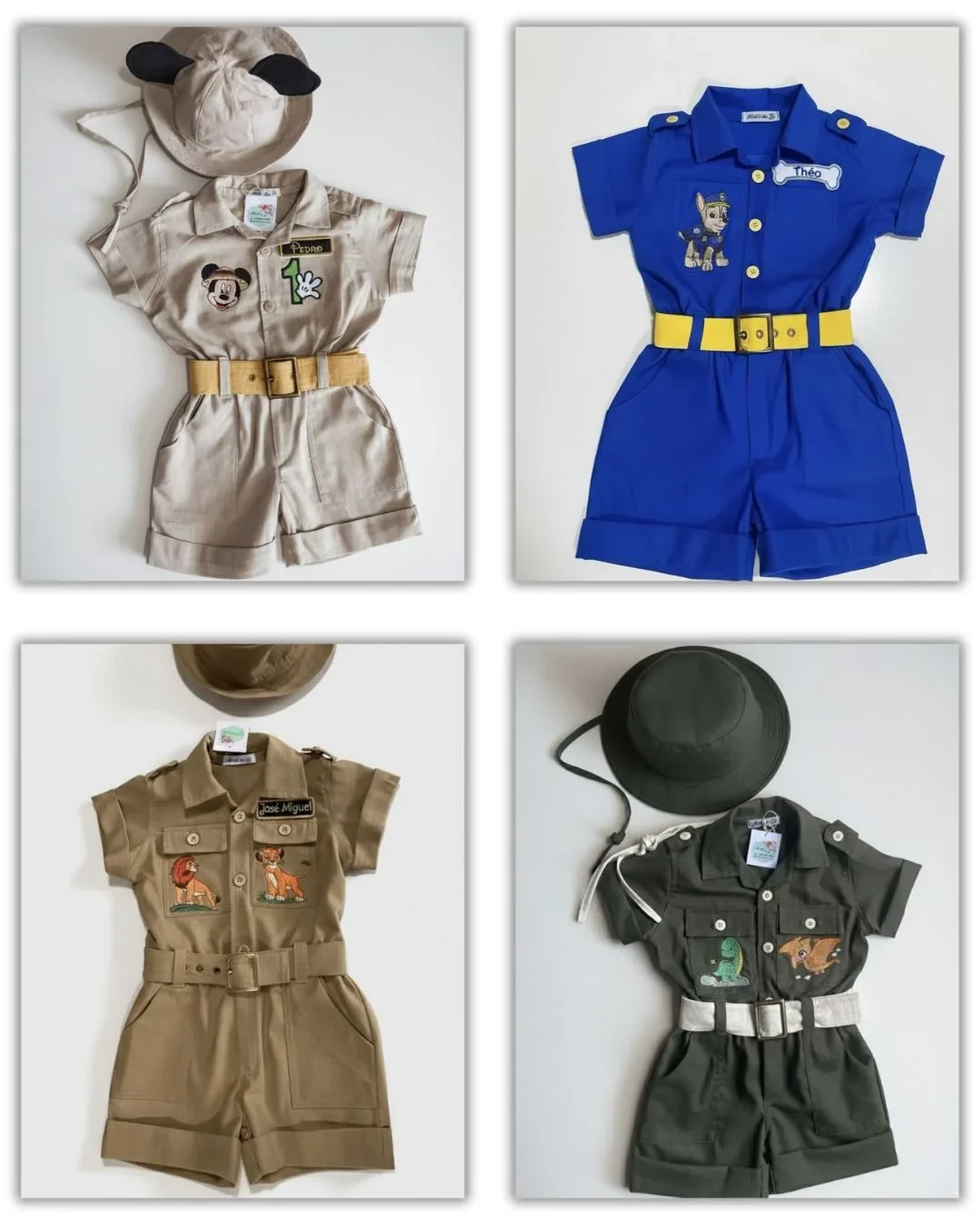 Grid 2×2 de quatro macacões Safari reais do ateliê da Gi com personalização temática: superior-esquerdo em linho bege com nome 'Pedro' bordado e chapéu · superior-direito em linho azul royal com cinto amarelo e nome 'Théo' · inferior-esquerdo em linho caqui com nome 'José Miguel' · inferior-direito em linho verde-militar com chapéu · mesmo molde Safari, quatro personalizações sob encomenda