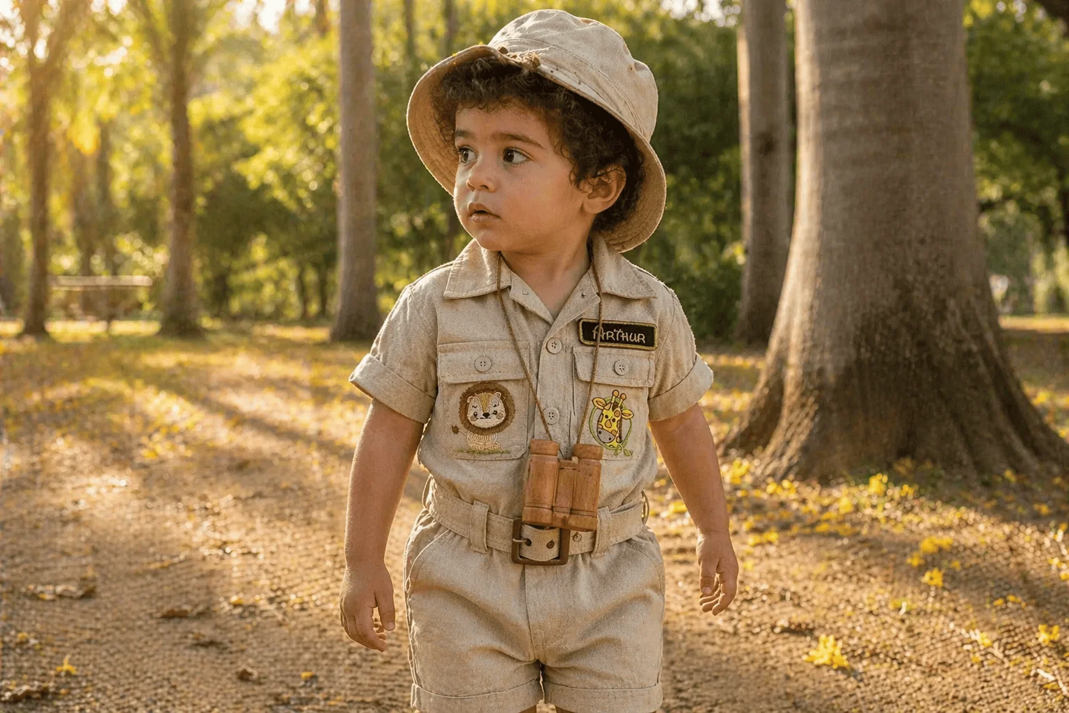 Menino de aproximadamente 2 anos em trilha de parque vestindo o Macacão Safari completo — linho bege natural com etiqueta 'Arthur' bordada + bordados leão e girafa no peito + binóculos cruzados no peito + chapéu boonie + cinto com fivela metálica · luz dourada de fim de tarde entre árvores
