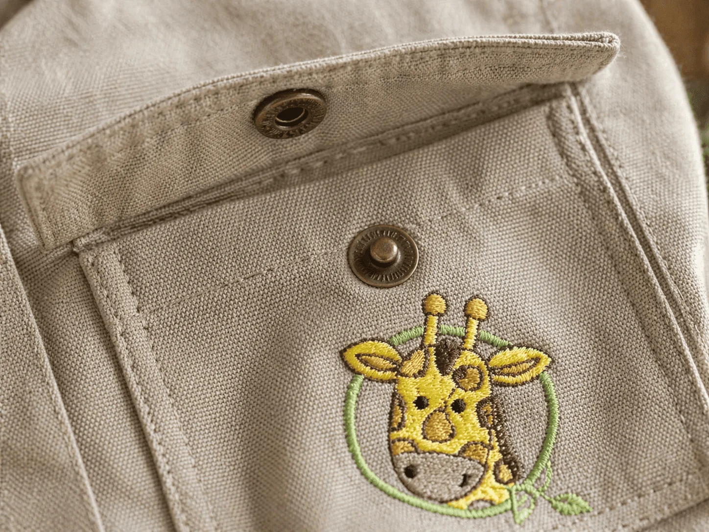 Macro extremo do bolso com tampinha funcional do Macacão Safari · botão metálico dourado envelhecido na tampa · girafa bordada em amarelo e verde dentro de círculo · pesponto duplo ao redor do bolso · acabamento de ateliê adulto em miniatura