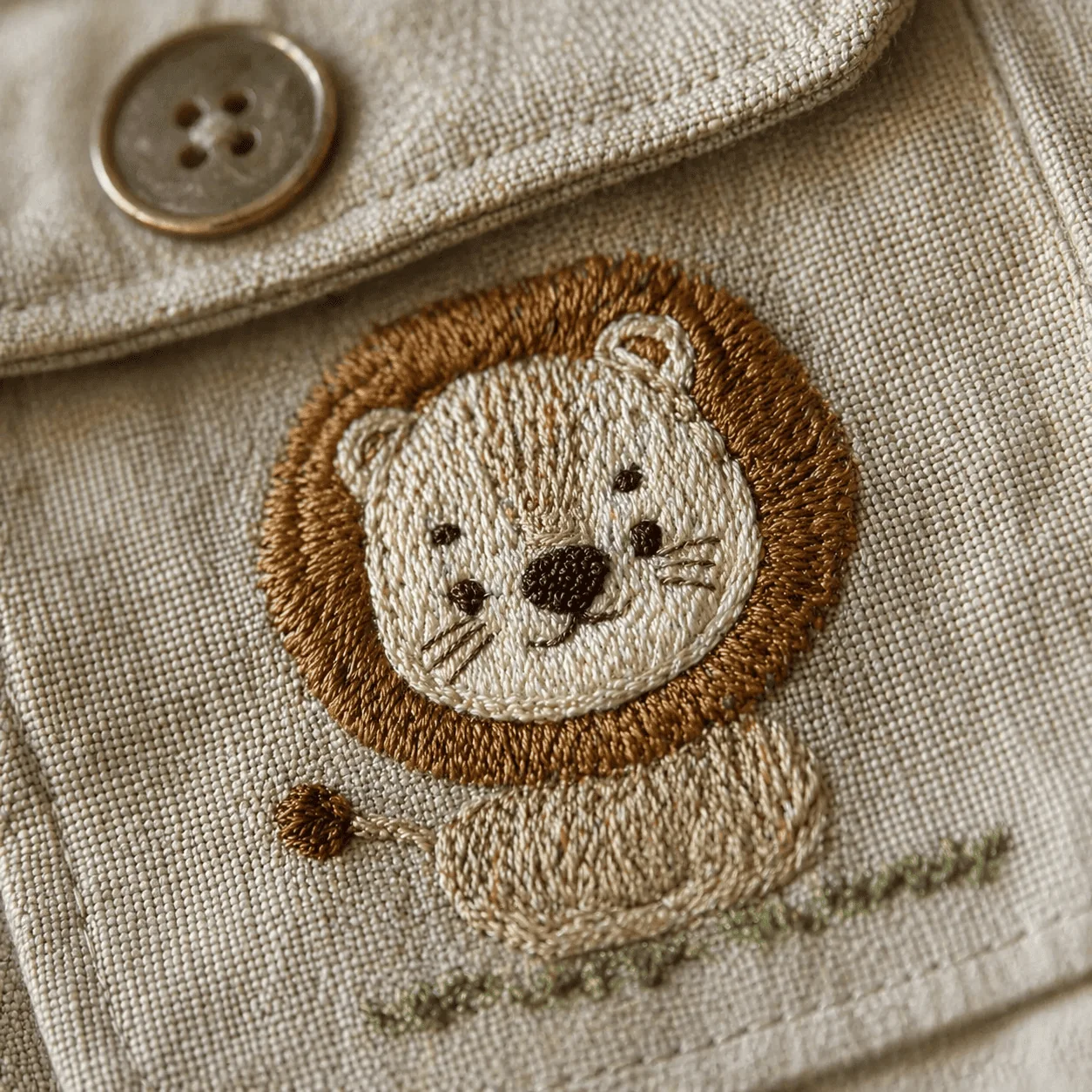 Macro extremo do bolso do peito do Macacão Safari em linho bege mostrando o bordado do leãozinho com juba caramelo e traços delicados, botão de madrepérola dourado envelhecido acima, grama bordada abaixo · a assinatura visual do Safari clássico