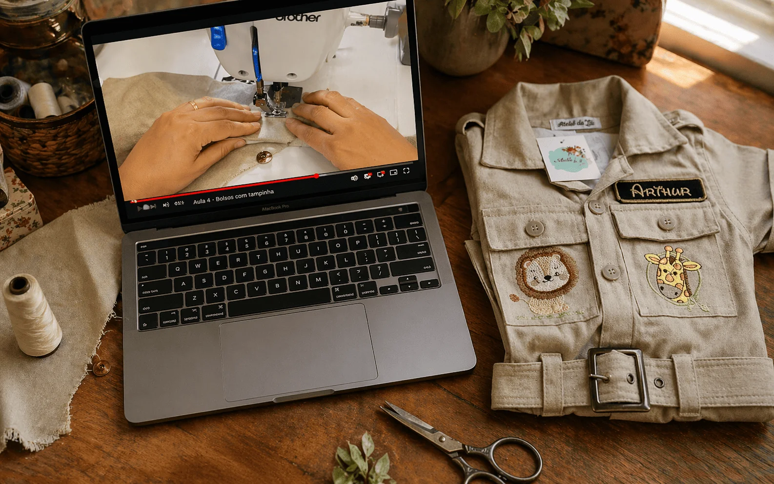 MacBook em bancada de ateliê mostrando Aula 4 · Bolso com tampinha do Macacão Safari — peça Arthur dobrada ao lado com etiqueta bordada 'Arthur' + cinto com fivela + bordados leão e girafa · carretel de linha, tesoura cegonha