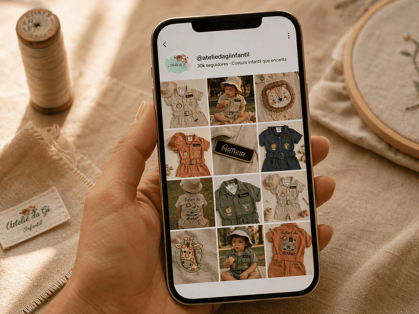 Mão segurando celular exibindo feed do Instagram de aluna Costuragi (@ateliedagiinfantil · 30k seguidores · 'Costura infantil que encanta') com 9 fotos de Macacões Safari em temas diferentes — bordado leão, nome Arthur, versão marinho, tema Gabi
