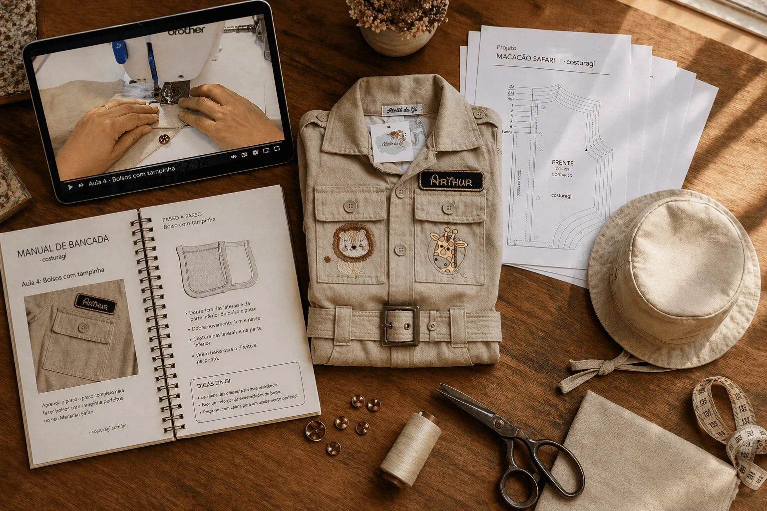 Kit completo Macacão Safari na bancada de ateliê — Manual de Bancada aberto na Aula 4 · Bolso com tampinha com ilustração técnica + Dicas da Gi · peça Arthur dobrada com chapéu boonie + moldes frente impressos + tablet com aula pausada + tesoura cegonha + botões de metal + fita métrica