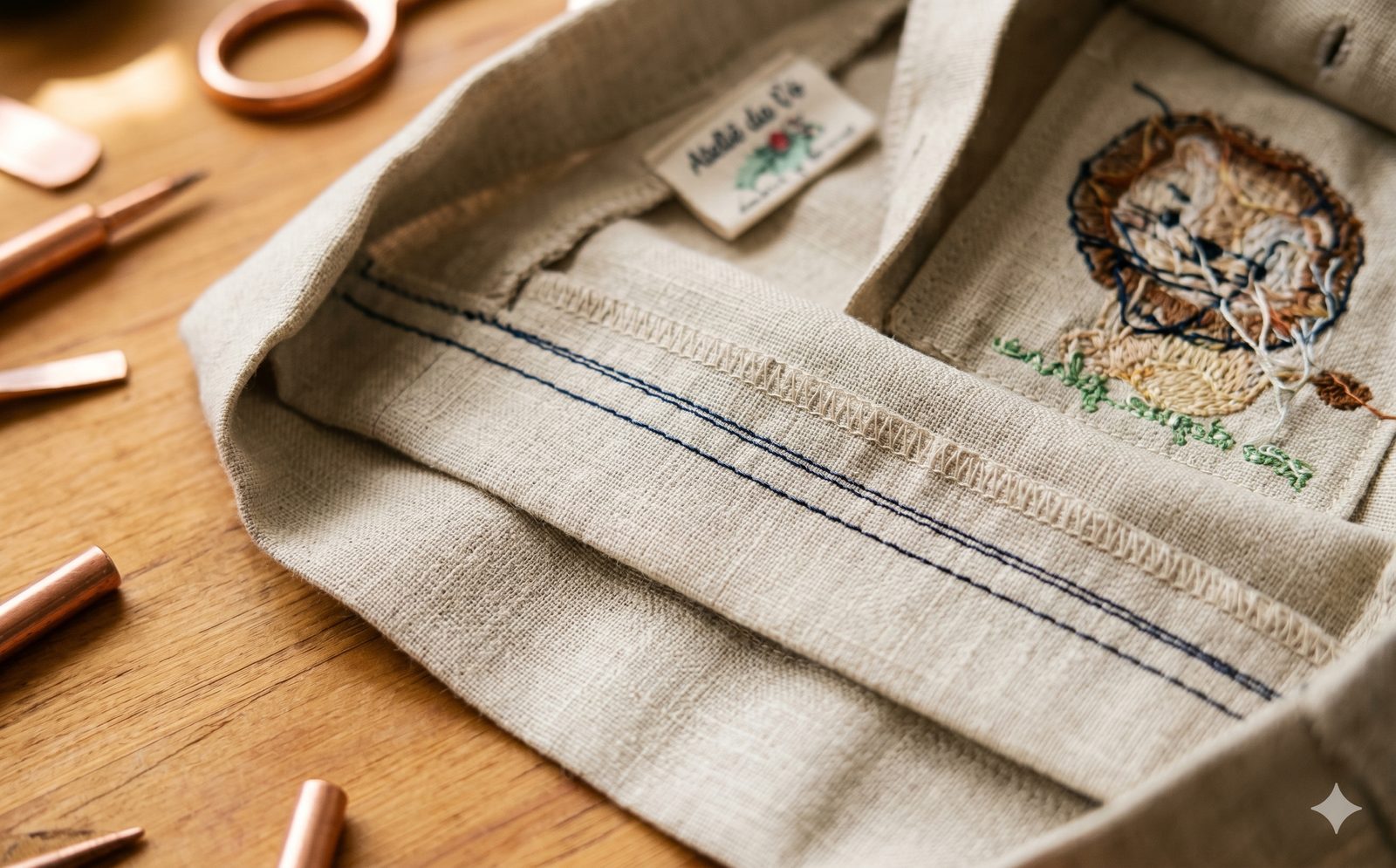 Detalhe macro do avesso de uma peça em linho bege mostrando acabamento impecável — pesponto duplo em linha azul-marinho, overlock escondido dentro da bainha, costura limpa sem fios soltos